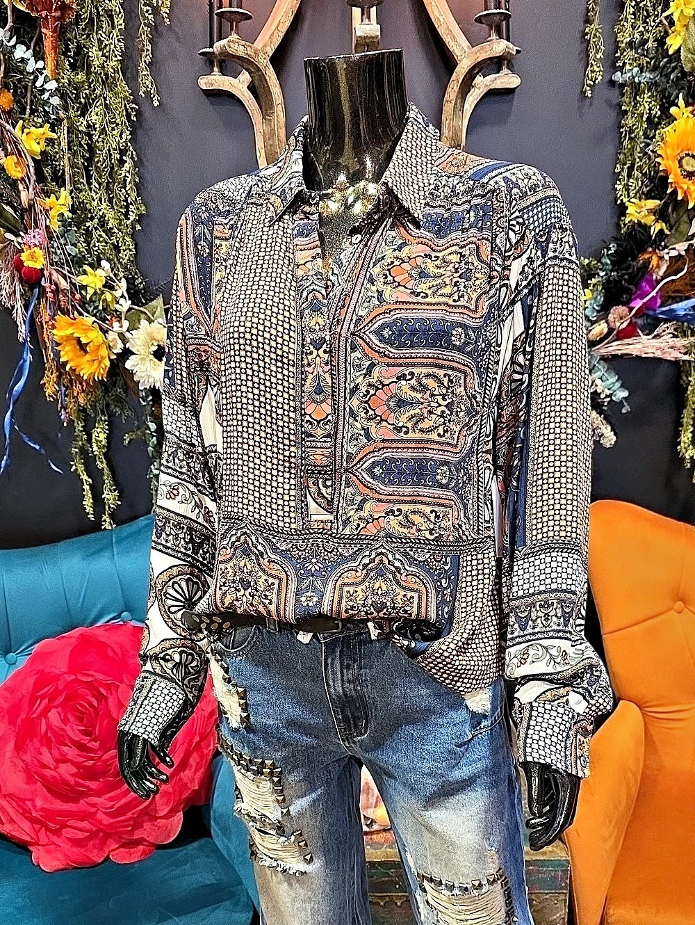 Olivaceaous Multi Pattern Partial Button-front Blouse